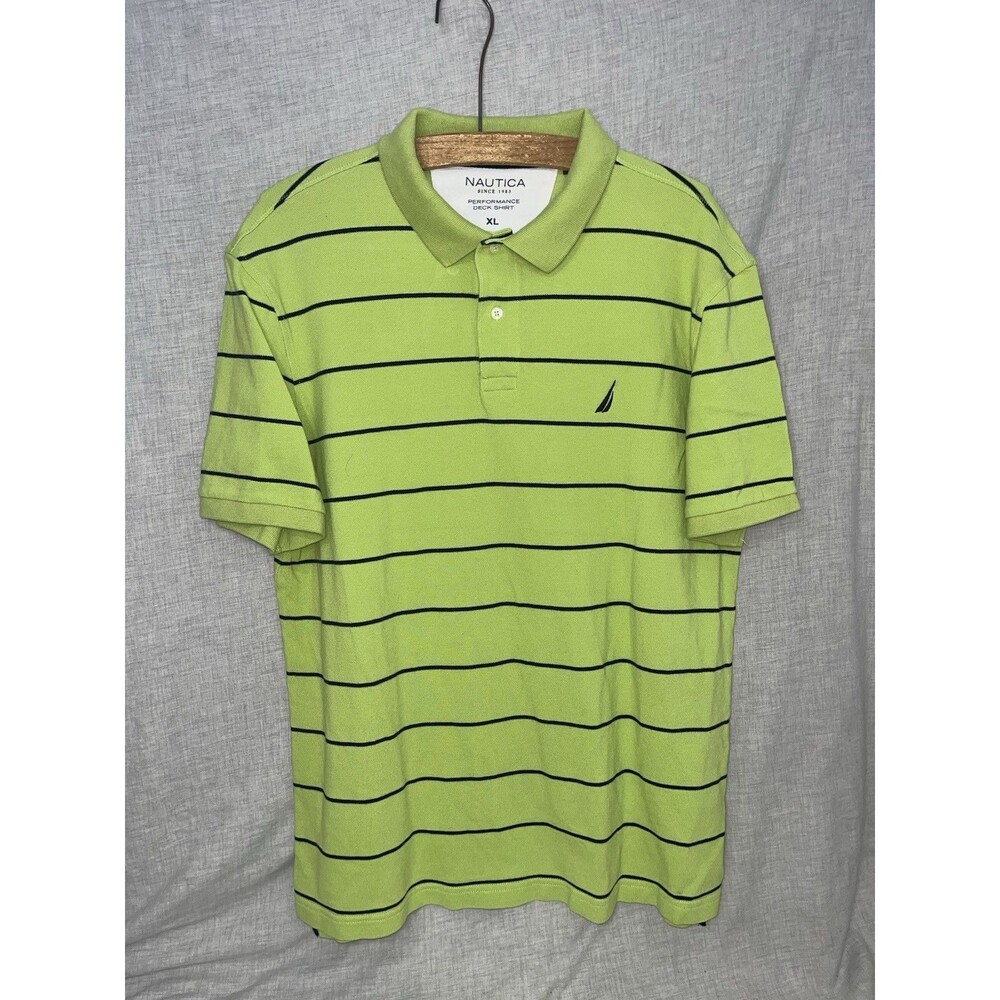 NAUTICA Performance Deck Shirt Short Sleeve Polo Green Navy Stripe Classic Fit